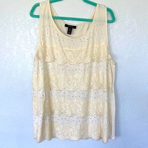 Pretty Style & Co Cream Colored Tank with Rhinestones and Lace. 2X.